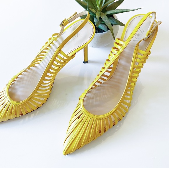 Zara Shoes - Zara Strappy Yellow Slingback Heels Pointed 40